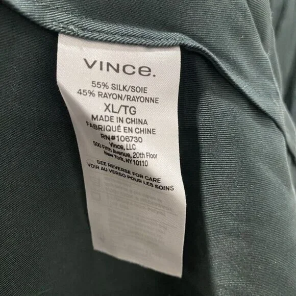 VINCE Women's  Silk Mandarin Collar Button Down Shirt XL Green Belt Pockets - Picture 7 of 10